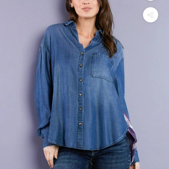Billy T Love You To Pieces Shirt Women XL Blue Purple Chambray Denim Plaid Boho - Picture 6 of 15